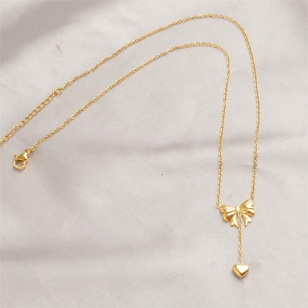 Chic Gold Plated Bowknot Heart Pendant Y Necklace - ArtGalleryZen