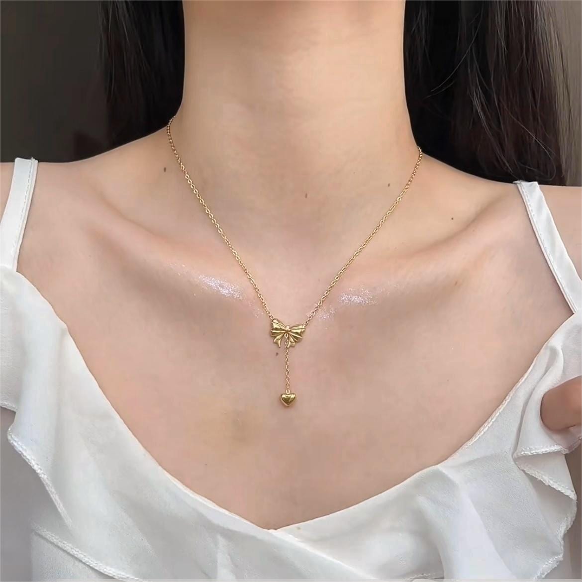 Chic Gold Plated Bowknot Heart Pendant Y Necklace