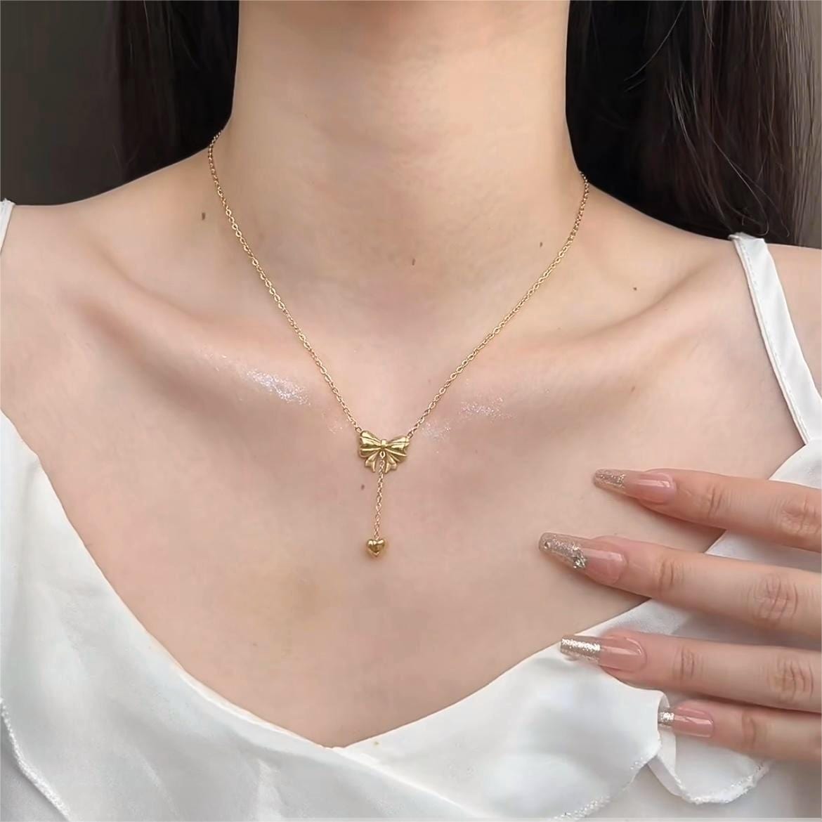 Chic Gold Plated Bowknot Heart Pendant Y Necklace