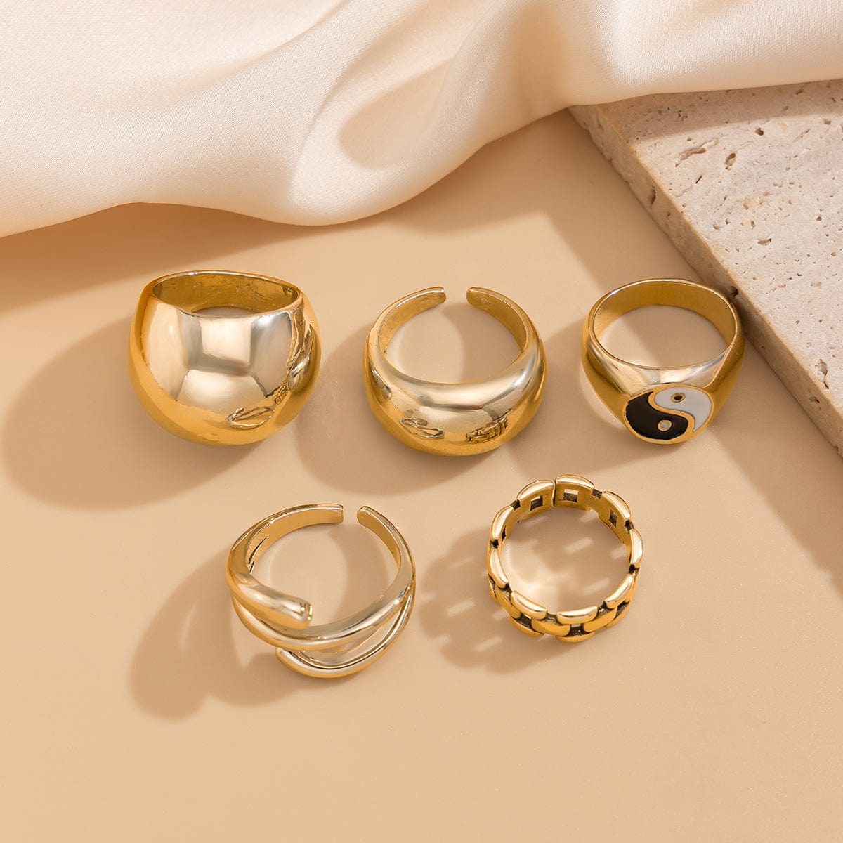 Chic Gold Silver Plated Enamel Tai Chi Bagua Ring Set