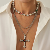 Thumbnail for Chic Gold Silver Tone Cross Pendant Pearl Rhinestone Chain Necklace Set - ArtGalleryZen
