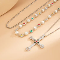 Thumbnail for Chic Gold Silver Tone Cross Pendant Pearl Rhinestone Chain Necklace Set - ArtGalleryZen
