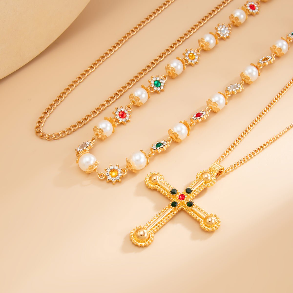 Chic Gold Silver Tone Cross Pendant Pearl Rhinestone Chain Necklace Set - ArtGalleryZen