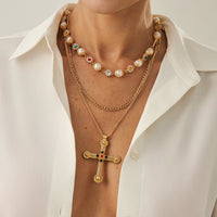Thumbnail for Chic Gold Silver Tone Cross Pendant Pearl Rhinestone Chain Necklace Set - ArtGalleryZen