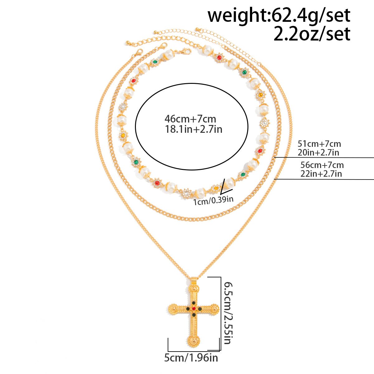 Chic Gold Silver Tone Cross Pendant Pearl Rhinestone Chain Necklace Set - ArtGalleryZen