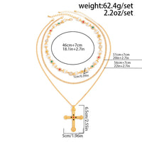 Thumbnail for Chic Gold Silver Tone Cross Pendant Pearl Rhinestone Chain Necklace Set - ArtGalleryZen