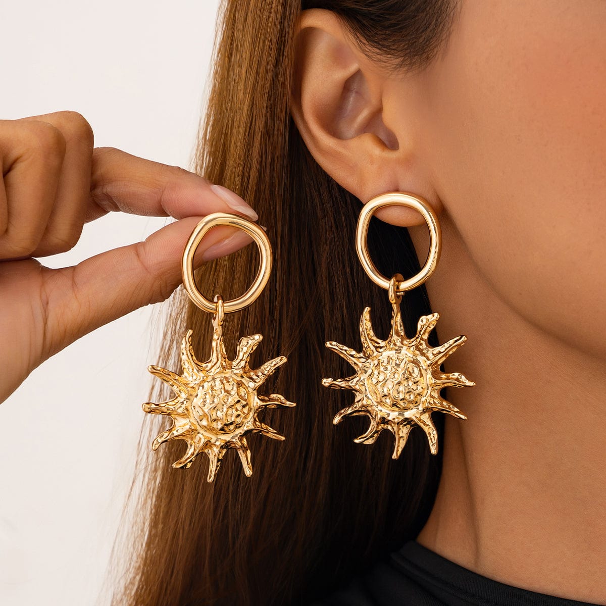 Chic Gold Silver Tone Hoop Dangling Sun Earrings