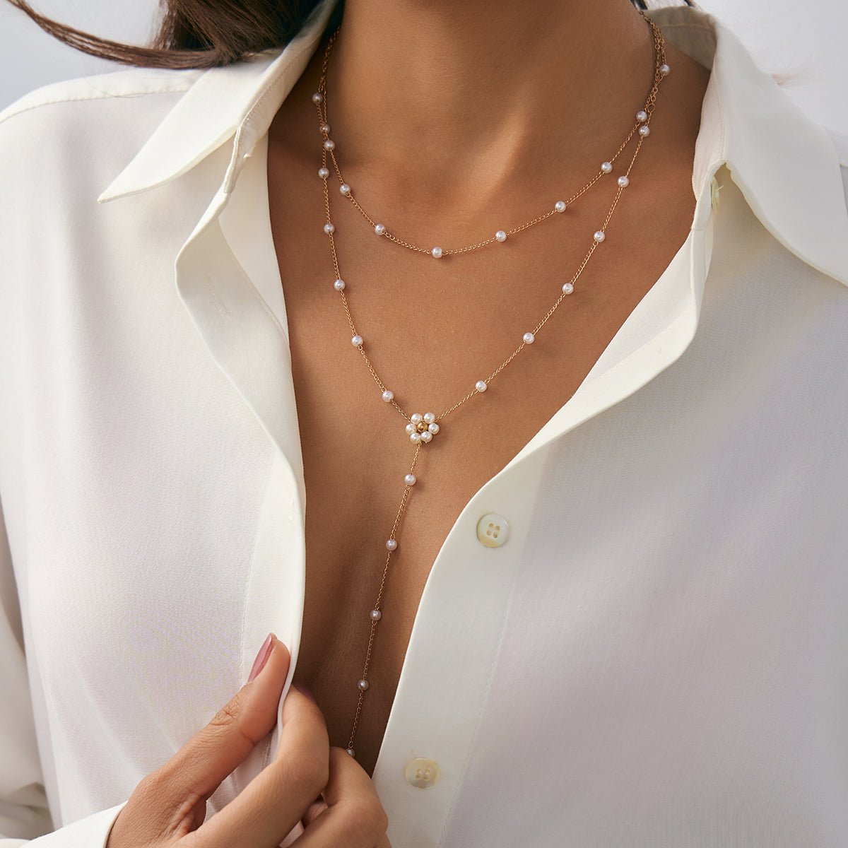 Chic Gold Silver Tone Pearl Chain Y Necklace - ArtGalleryZen