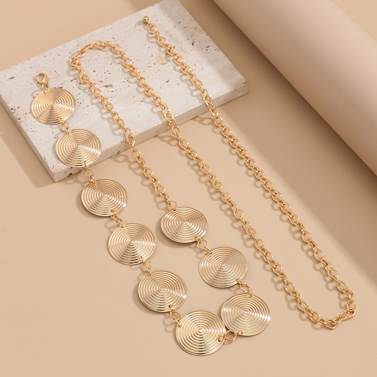 Chic Gold Silver Tone Threaded Round Disk Waist Chain - ArtGalleryZen