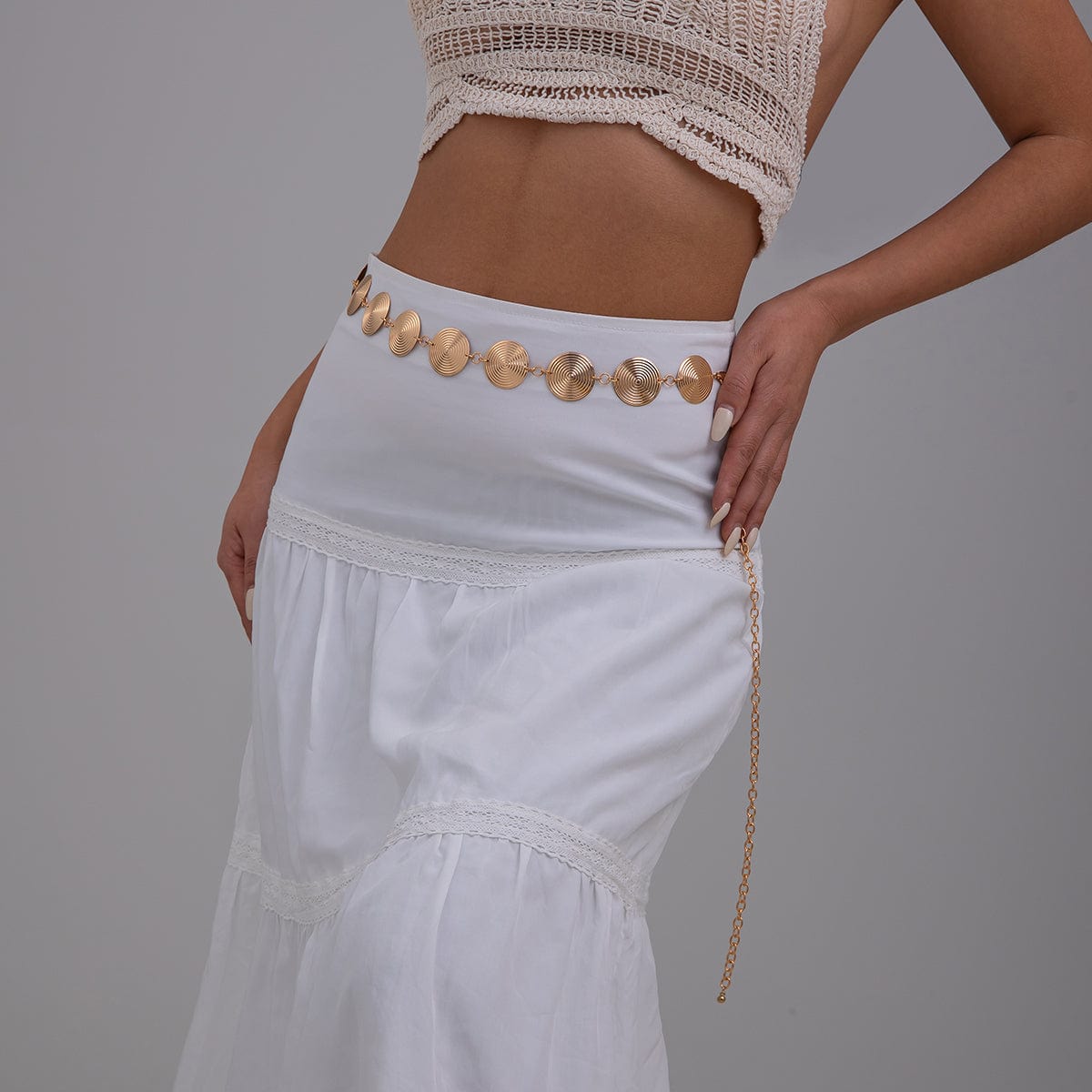 Chic Gold Silver Tone Threaded Round Disk Waist Chain - ArtGalleryZen