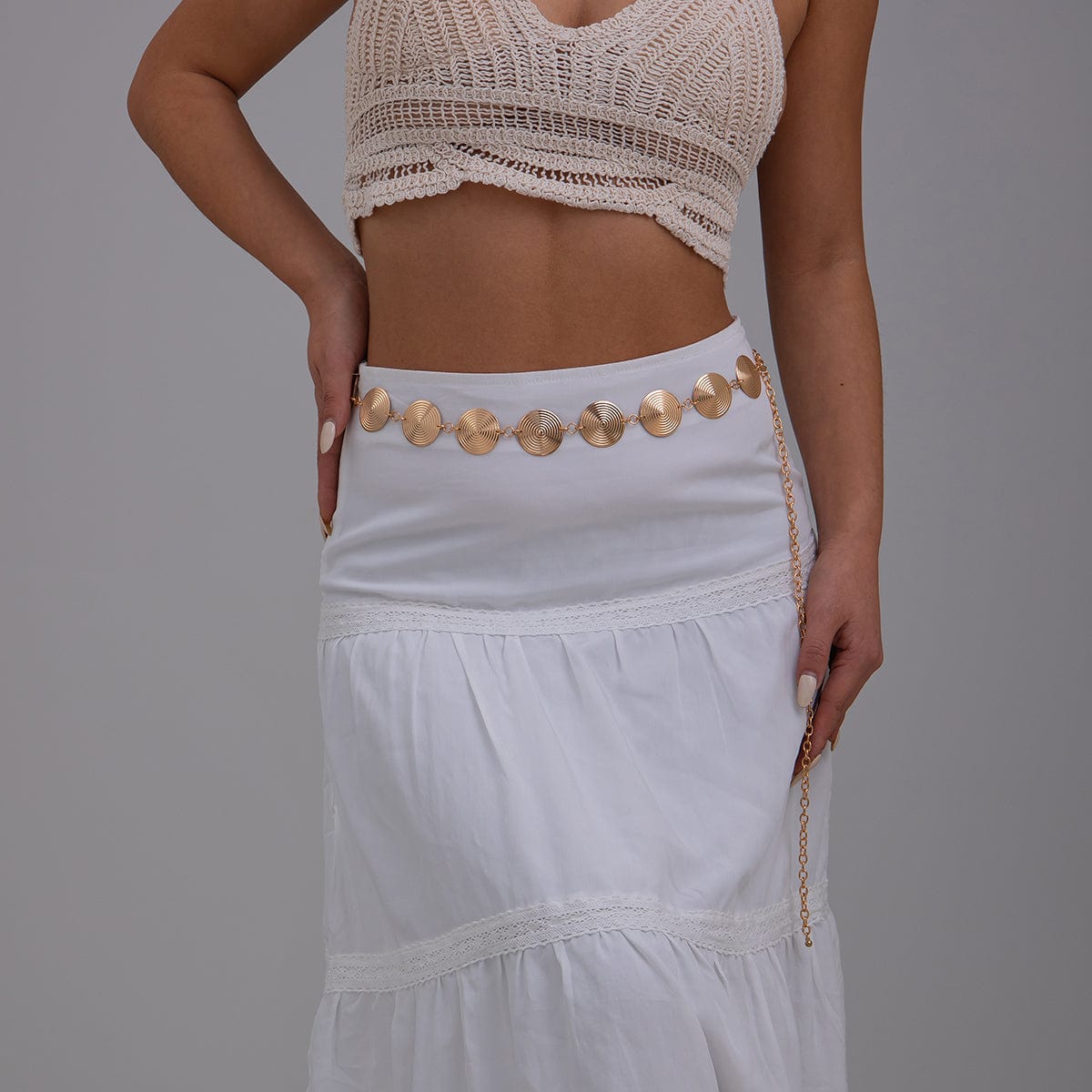 Chic Gold Silver Tone Threaded Round Disk Waist Chain - ArtGalleryZen