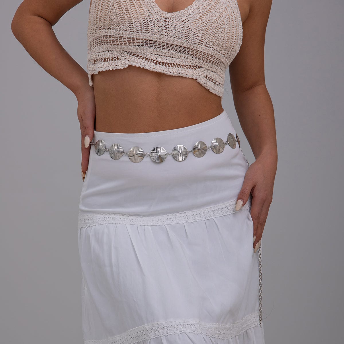 Chic Gold Silver Tone Threaded Round Disk Waist Chain - ArtGalleryZen