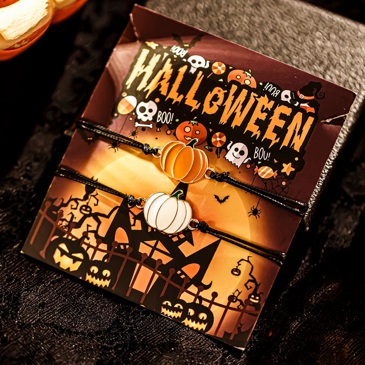 Chic Halloween Pumpkin Pendant Wax Cord Bracelet Set - ArtGalleryZen