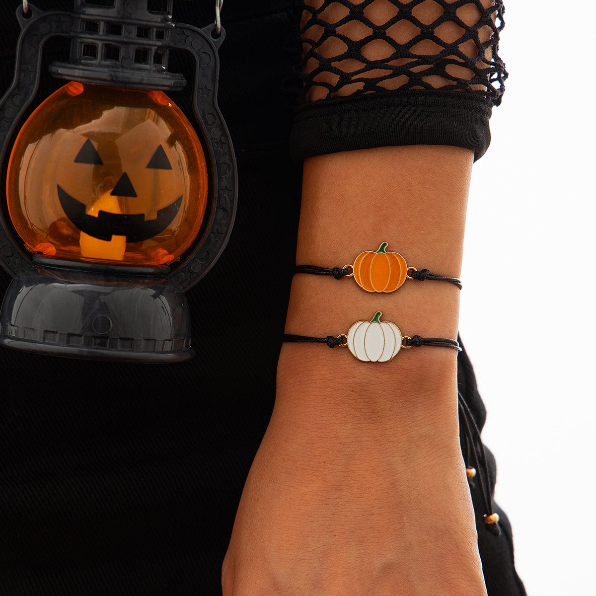 Chic Halloween Pumpkin Pendant Wax Cord Bracelet Set