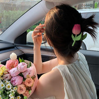 Thumbnail for Chic Handmade Enamel Pink Tulip Chignon Claw Clip Hair Clip - ArtGalleryZen