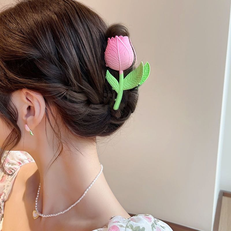 Chic Handmade Enamel Pink Tulip Chignon Claw Clip Hair Clip - ArtGalleryZen