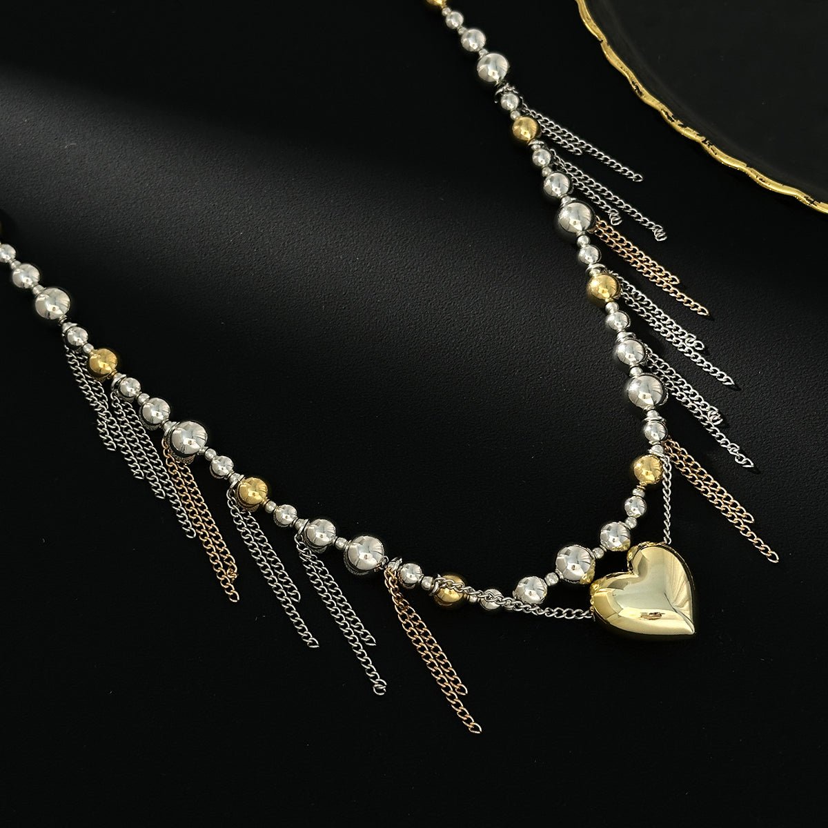 Chic Heart Pendant Two Tone Ball Chain Tassel Necklace - ArtGalleryZen