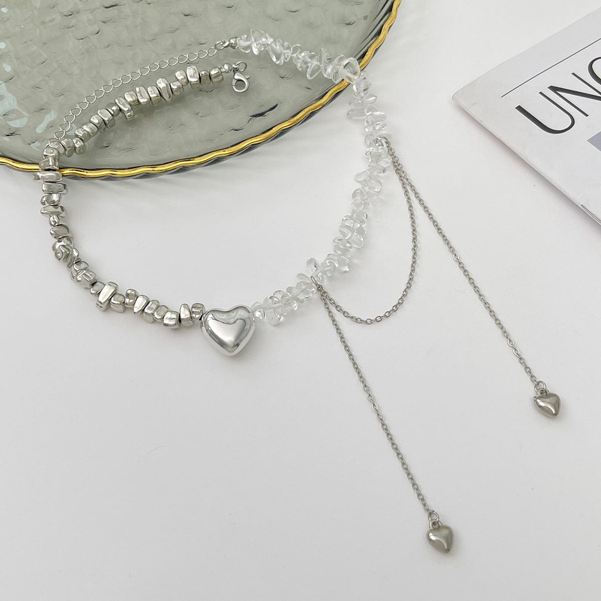 Chic Heart Tassel Turquoise Stone Beaded Chain Necklace - ArtGalleryZen