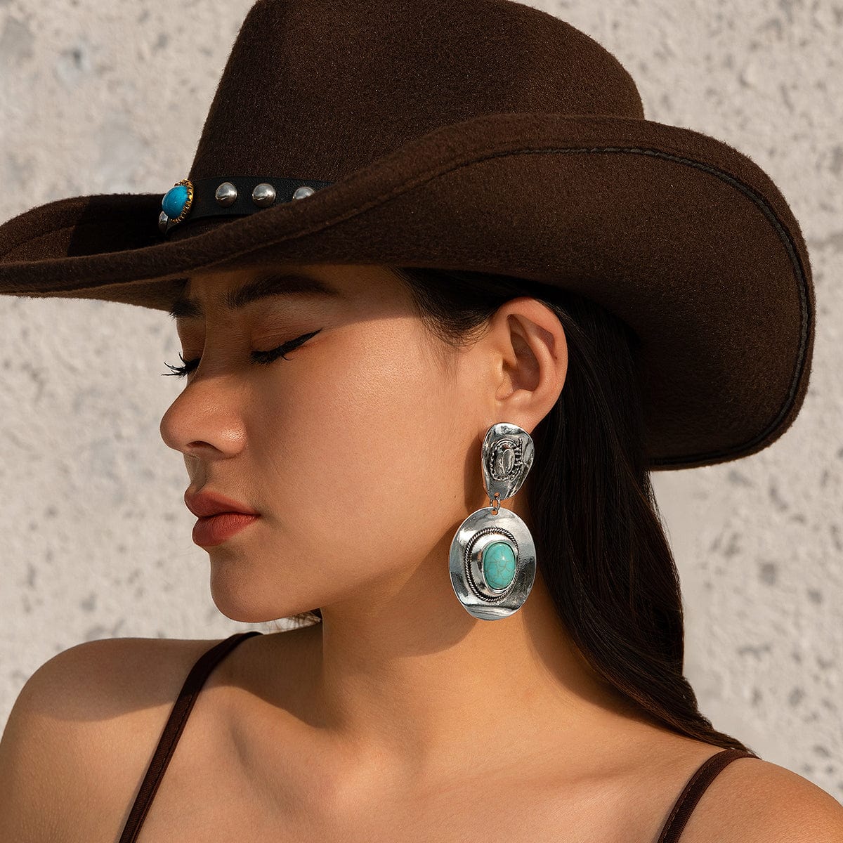 Chic Hippie Turquoise Inlaid Cowboy Hat Dangle Earrings