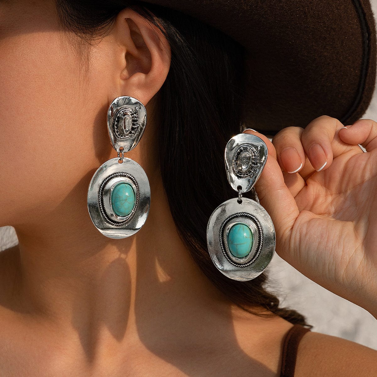 Chic Hippie Turquoise Inlaid Cowboy Hat Dangle Earrings