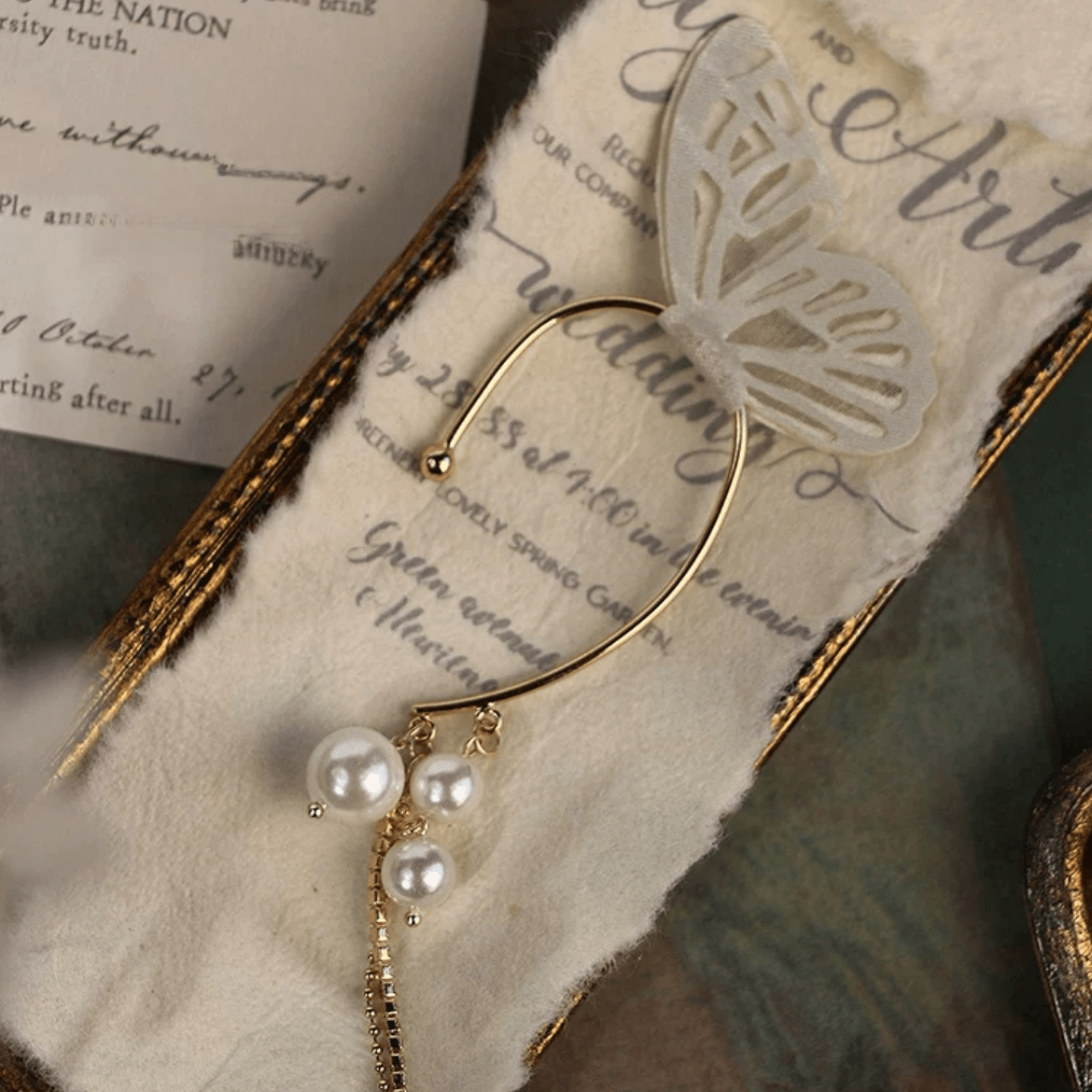 Chic Hollow Butterfly Pearl Chain Tassel Elf Ear Cuff Wrap Earring - ArtGalleryZen