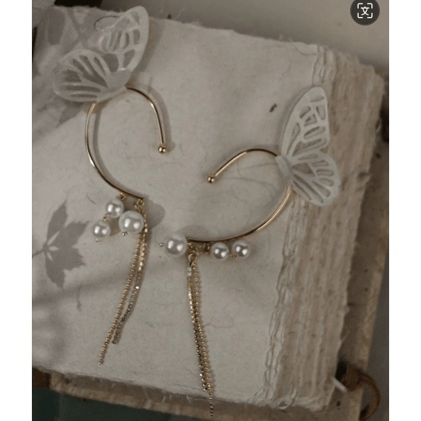 Chic Hollow Butterfly Pearl Chain Tassel Elf Ear Cuff Wrap Earring - ArtGalleryZen