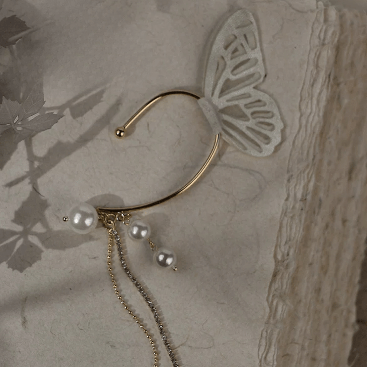 Chic Hollow Butterfly Pearl Chain Tassel Elf Ear Cuff Wrap Earring - ArtGalleryZen