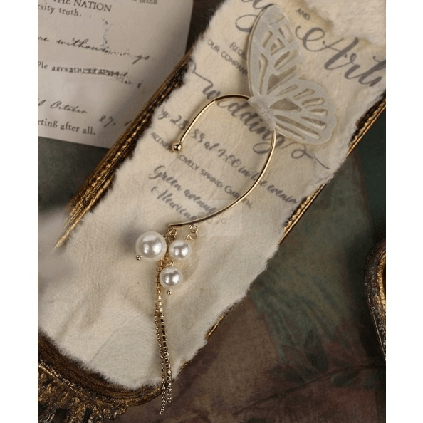 Chic Hollow Butterfly Pearl Chain Tassel Elf Ear Cuff Wrap Earring - ArtGalleryZen