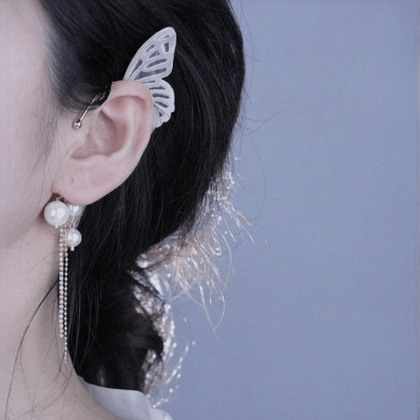 Chic Hollow Butterfly Pearl Chain Tassel Elf Ear Cuff Wrap Earring