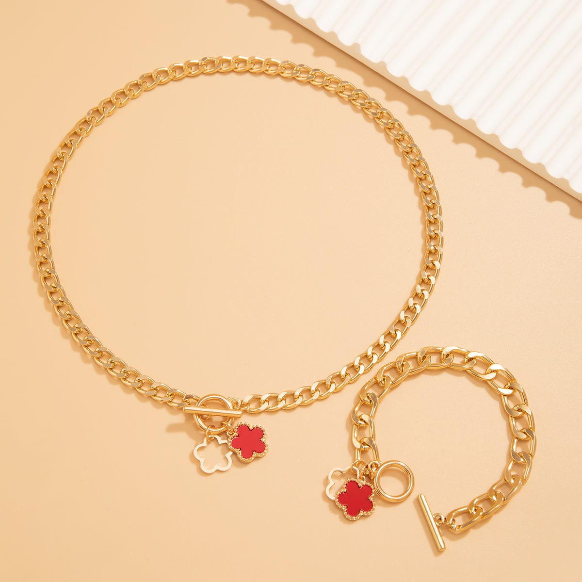 Chic Hollow Enamel Flower Pendant Bracelet Necklace Set