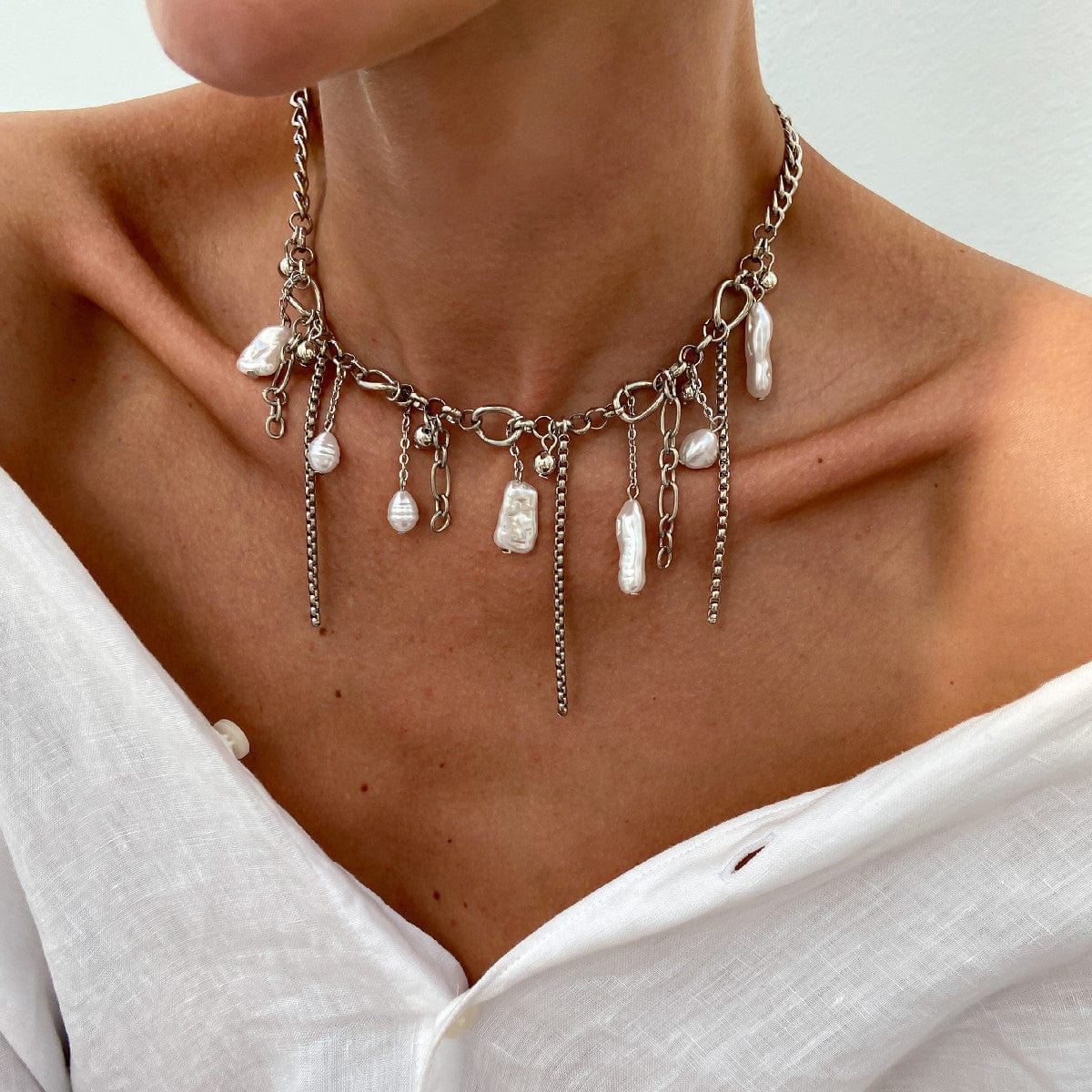Chic Irregular Pearl Tassel Curb Chain Necklace - ArtGalleryZen