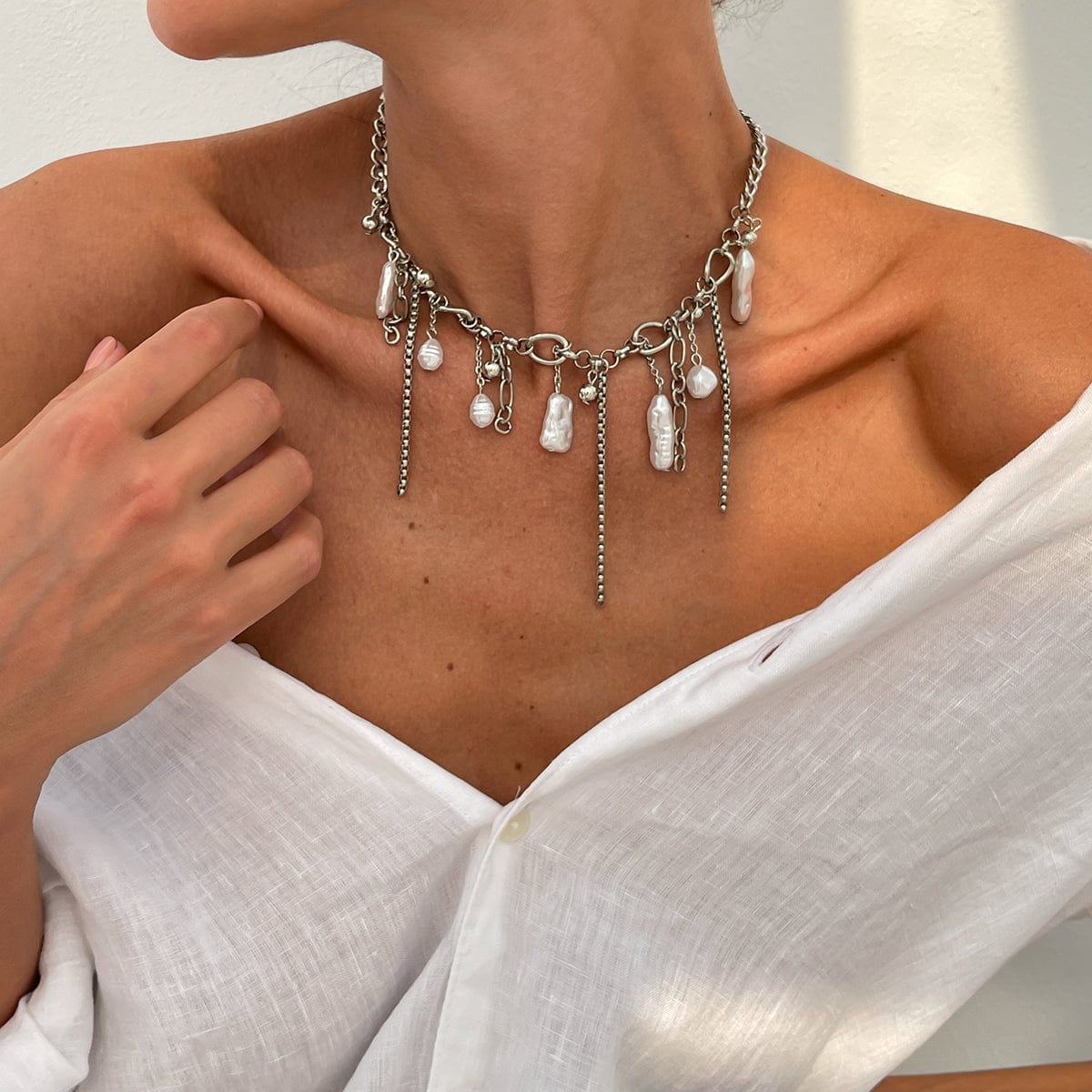 Chic Irregular Pearl Tassel Curb Chain Necklace - ArtGalleryZen