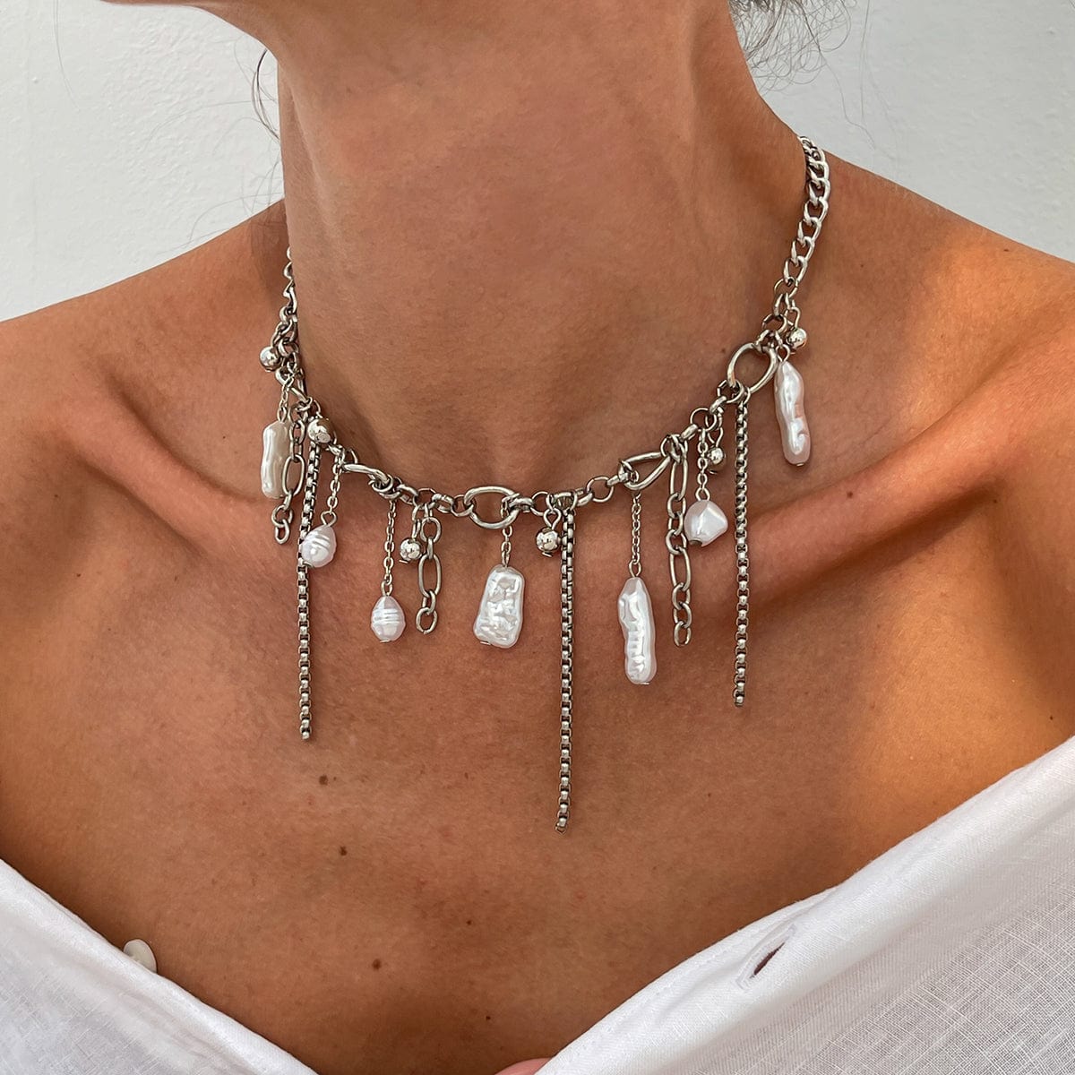 Chic Irregular Pearl Tassel Curb Chain Necklace - ArtGalleryZen