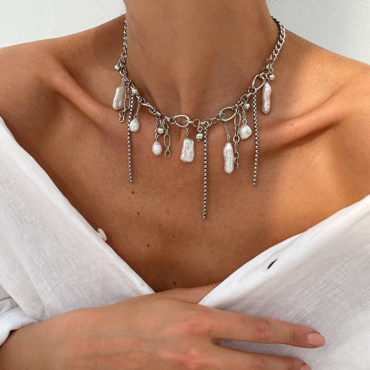 Chic Irregular Pearl Tassel Curb Chain Necklace - ArtGalleryZen