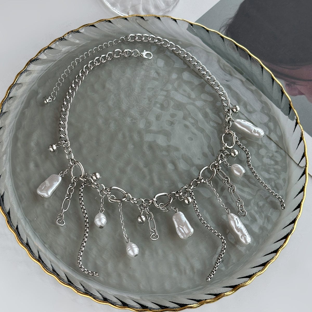 Chic Irregular Pearl Tassel Curb Chain Necklace - ArtGalleryZen