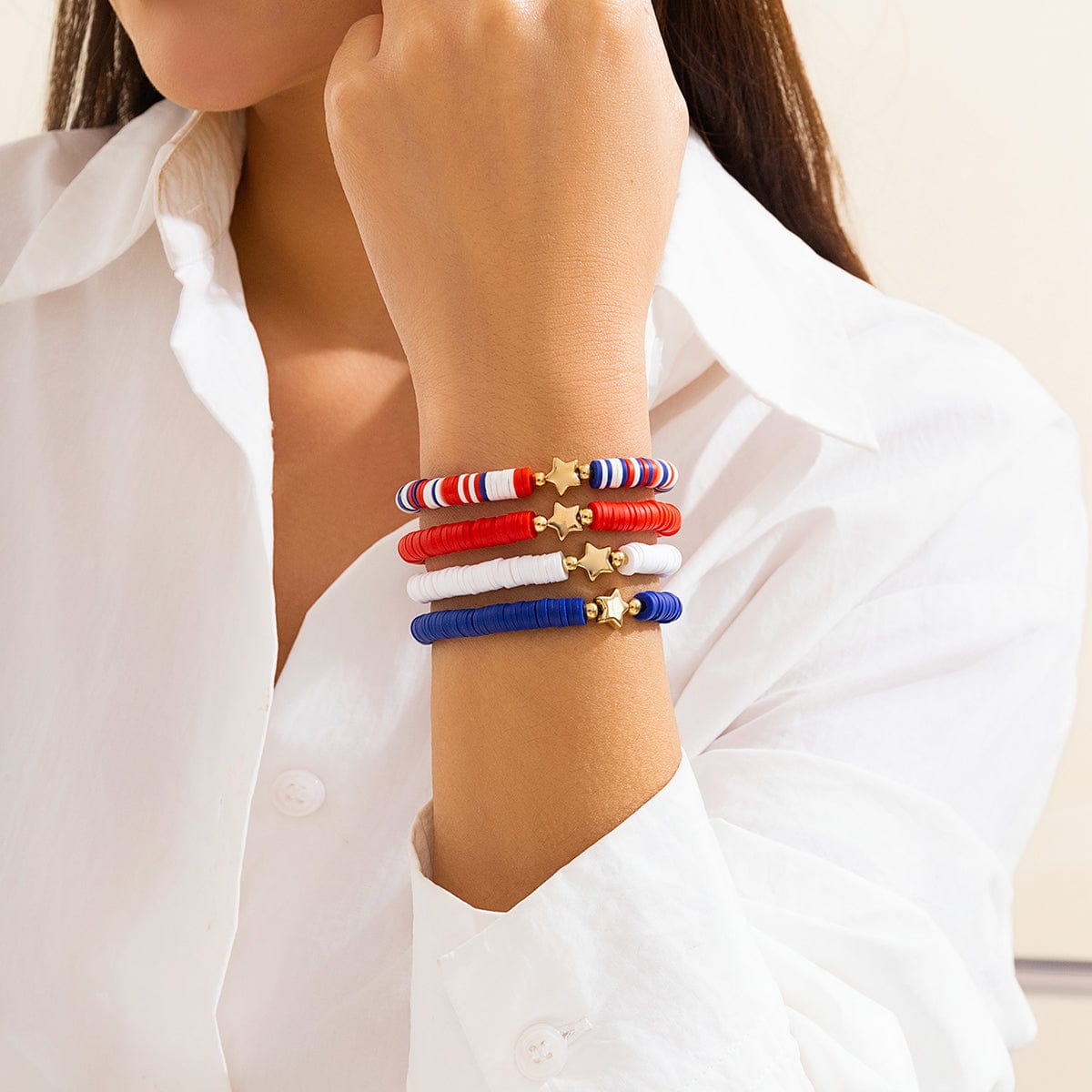 Chic Layered American Star Clay Letter Beaded Chain Stackable Bracelet Set - ArtGalleryZen