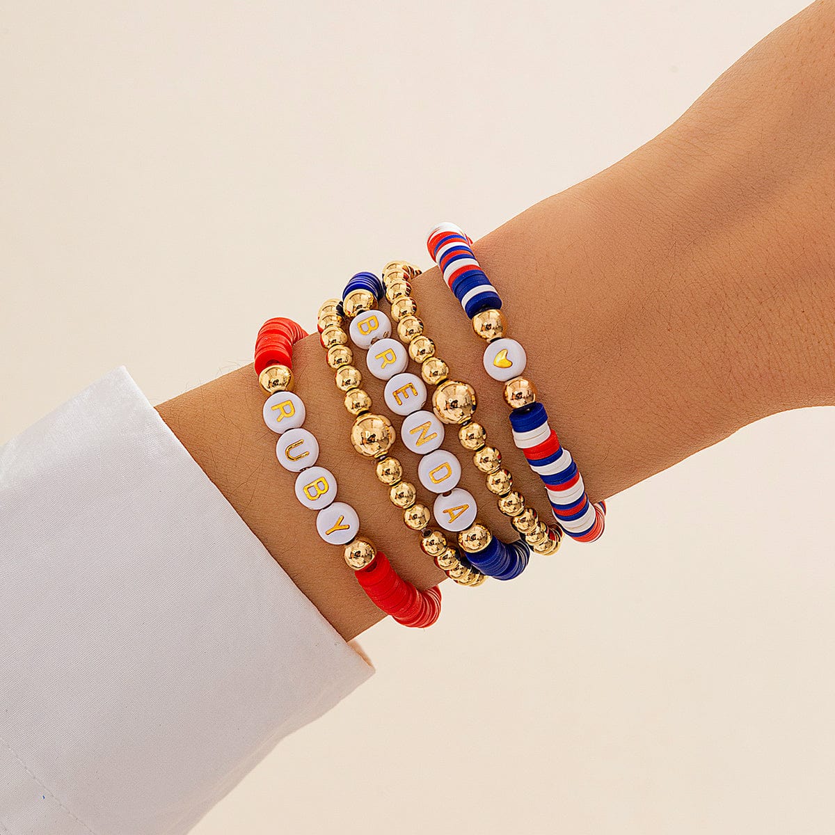 Chic Layered American Star Clay Letter Beaded Chain Stackable Bracelet Set - ArtGalleryZen