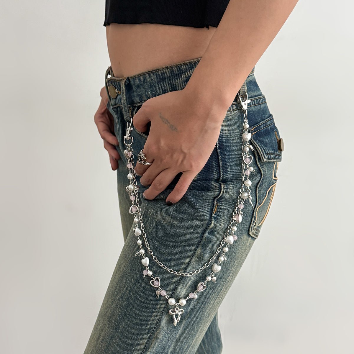 Chic Layered Bowknot Charm Pearl Heart Glass Bead Trouser Chain - ArtGalleryZen