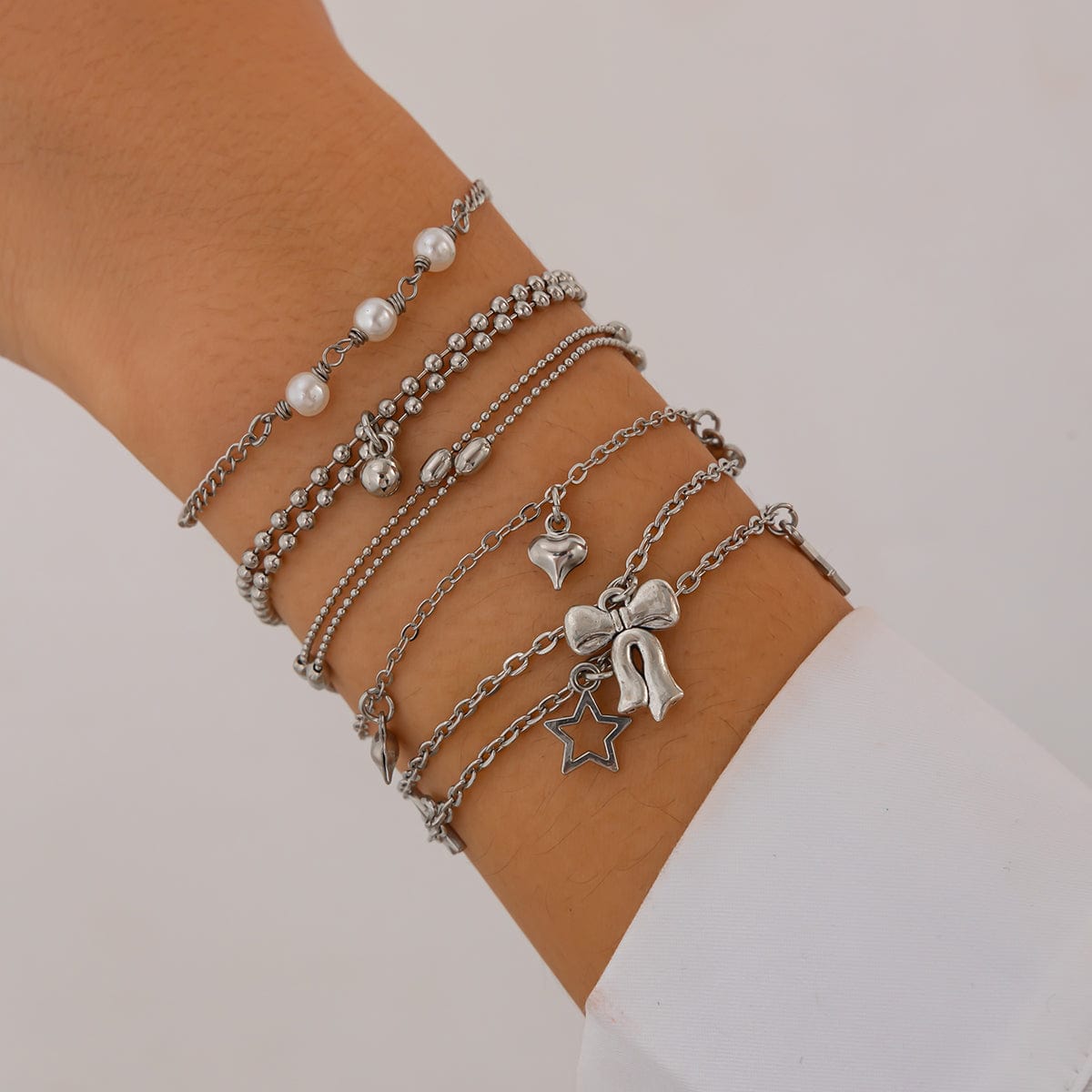 Chic Layered Bowknot Star Heart Tassel Ball Cable Chain Bracelet Set