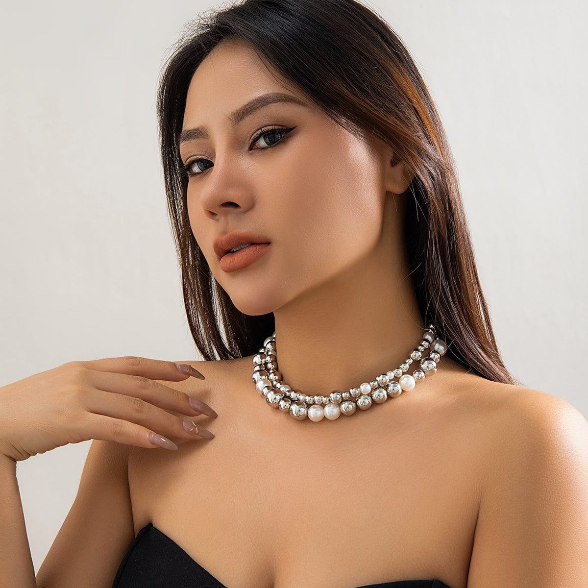 Chic Layered Chunky Pearl Ball Chain Choker Necklace Set - ArtGalleryZen