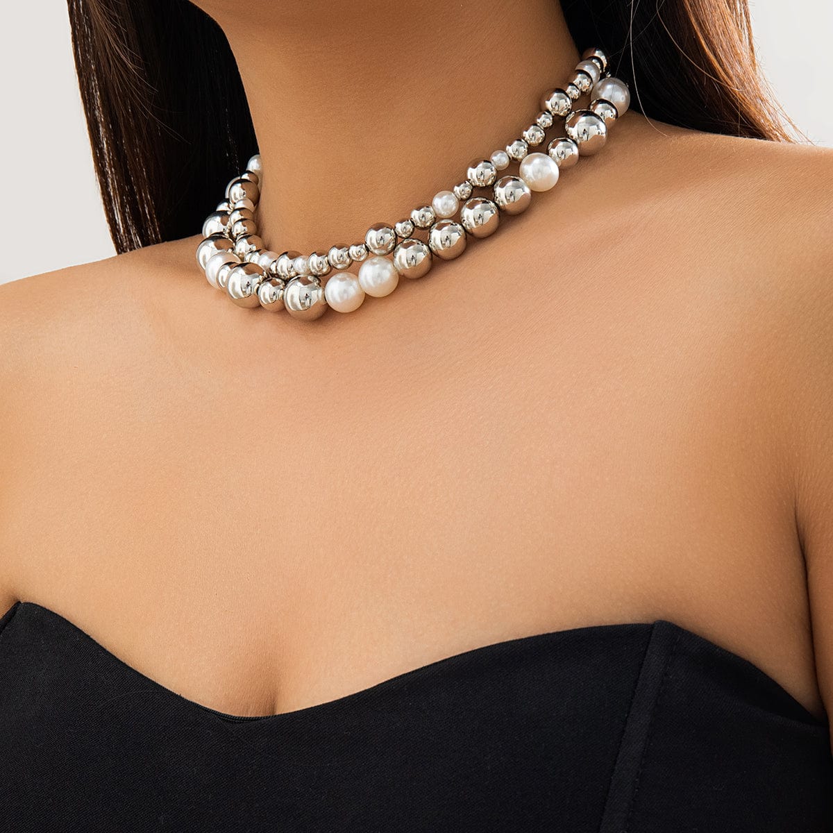 Chic Layered Chunky Pearl Ball Chain Choker Necklace Set - ArtGalleryZen