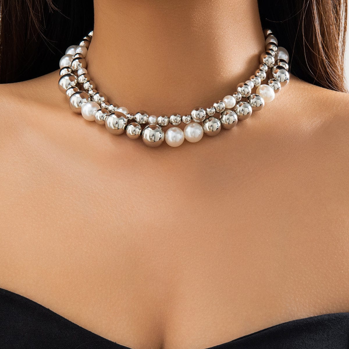 Chic Layered Chunky Pearl Ball Chain Choker Necklace Set - ArtGalleryZen