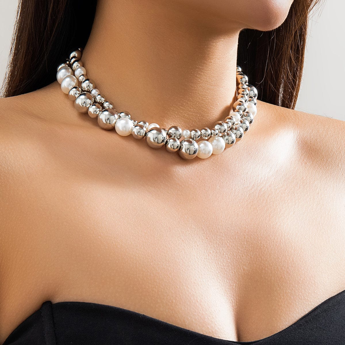 Chic Layered Chunky Pearl Ball Chain Choker Necklace Set - ArtGalleryZen