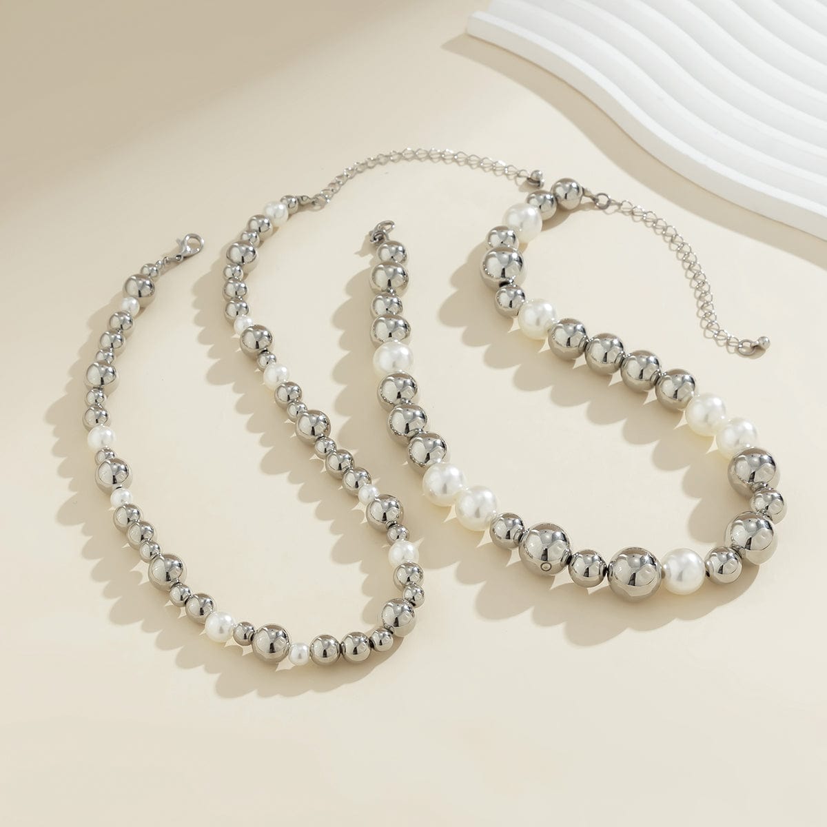 Chic Layered Chunky Pearl Ball Chain Choker Necklace Set - ArtGalleryZen