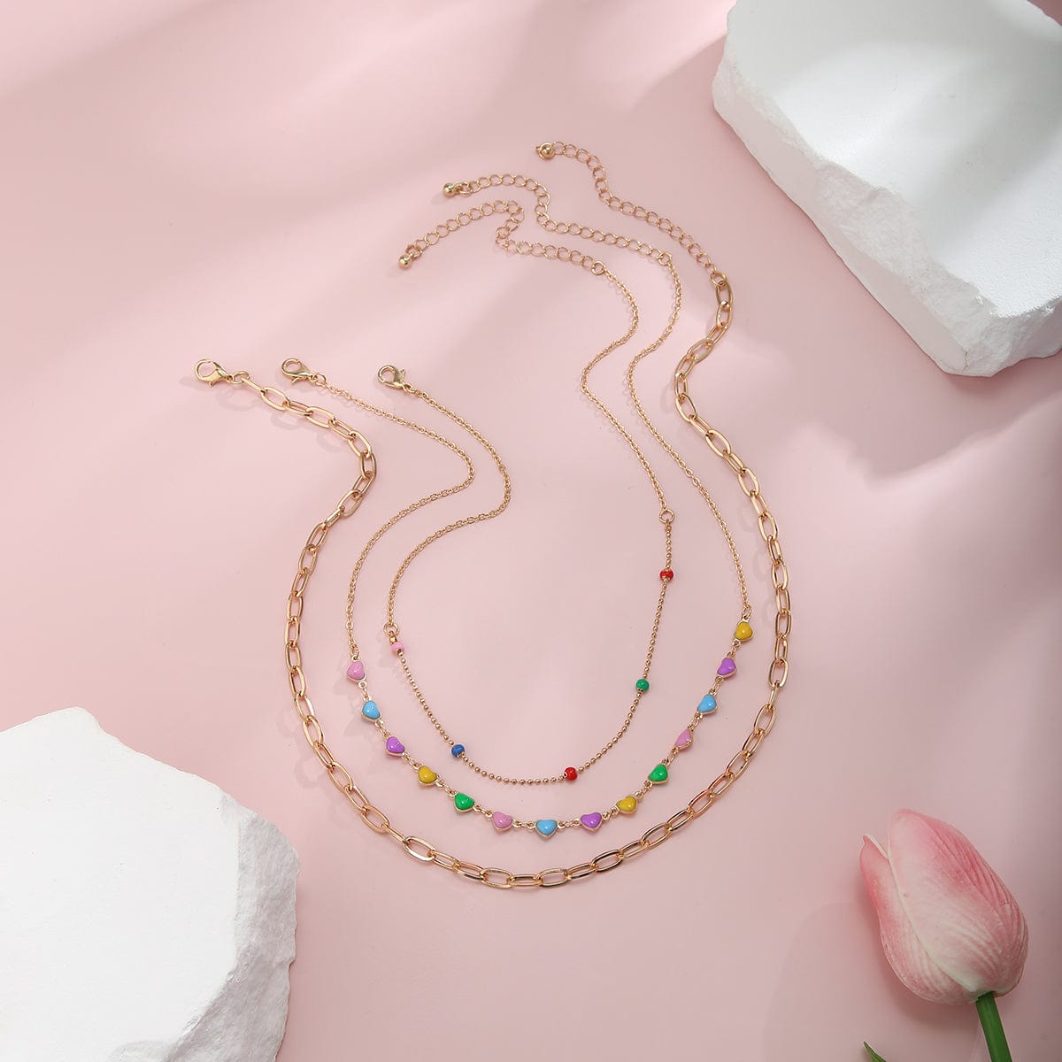 Chic Layered Colorful Enamel Heart Chain Choker Necklace Set - ArtGalleryZen