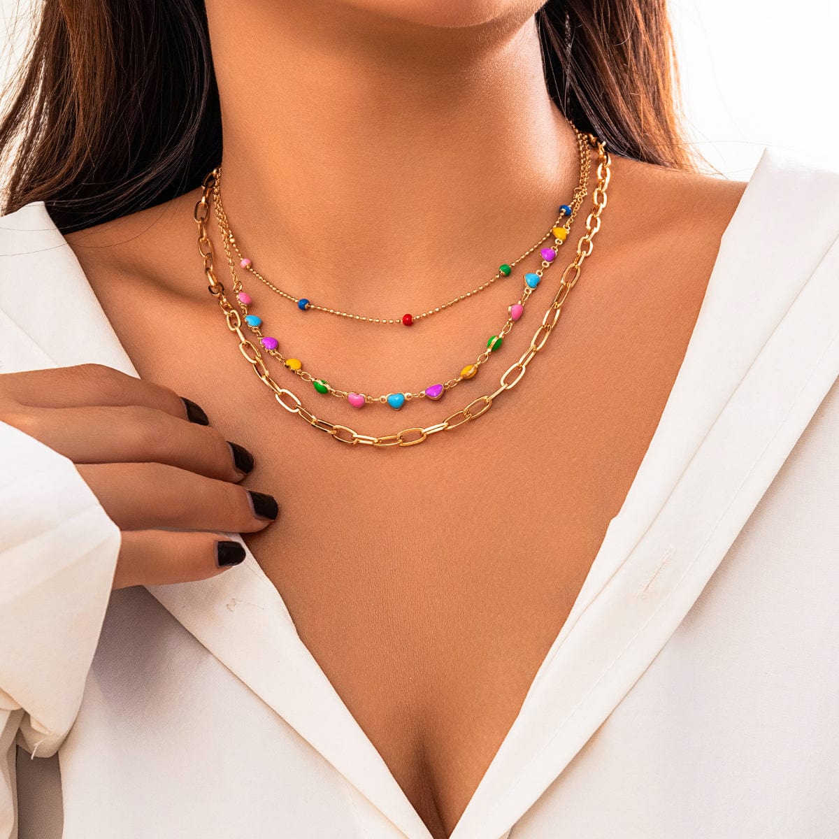 Chic Layered Colorful Enamel Heart Chain Choker Necklace Set - ArtGalleryZen