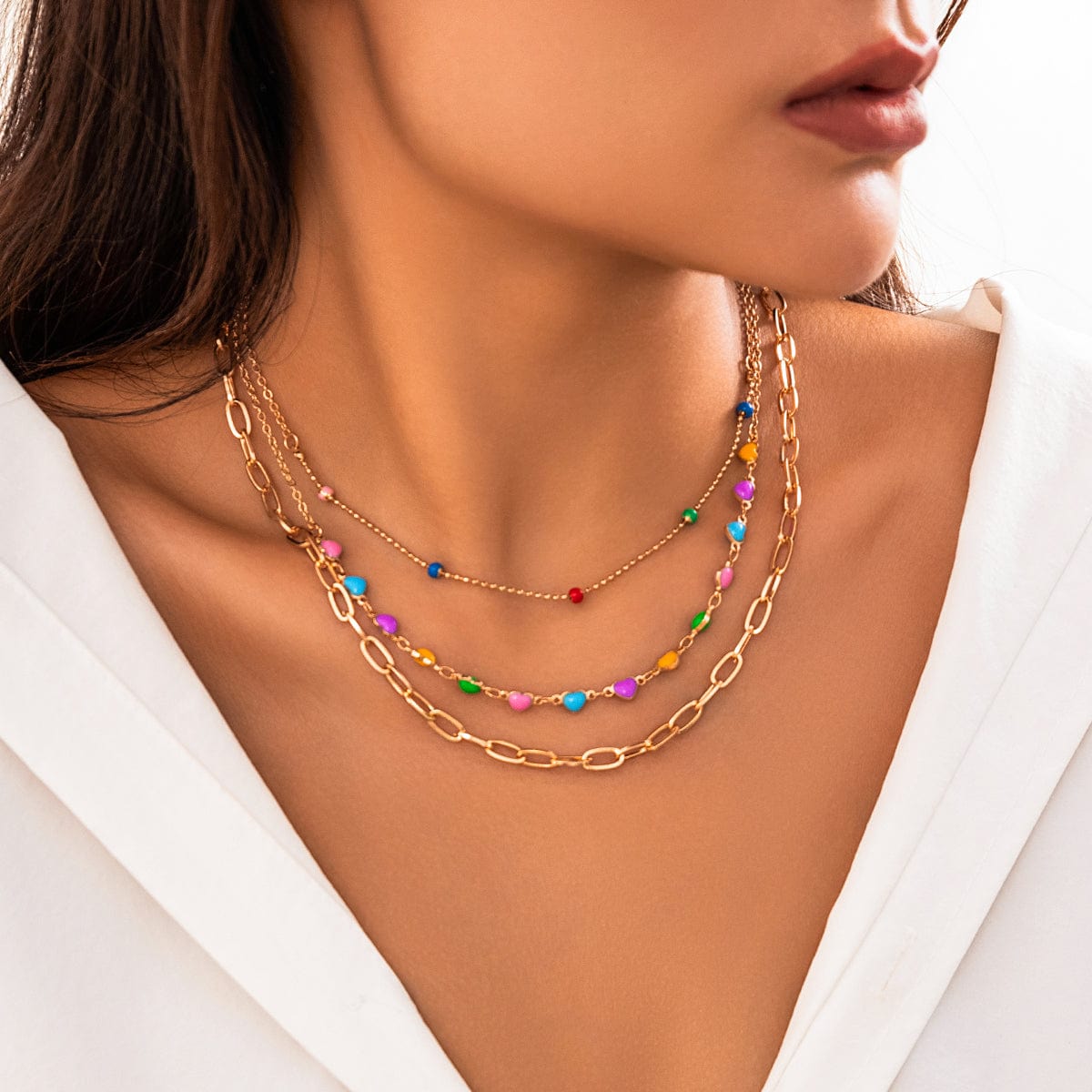 Chic Layered Colorful Enamel Heart Chain Choker Necklace Set - ArtGalleryZen