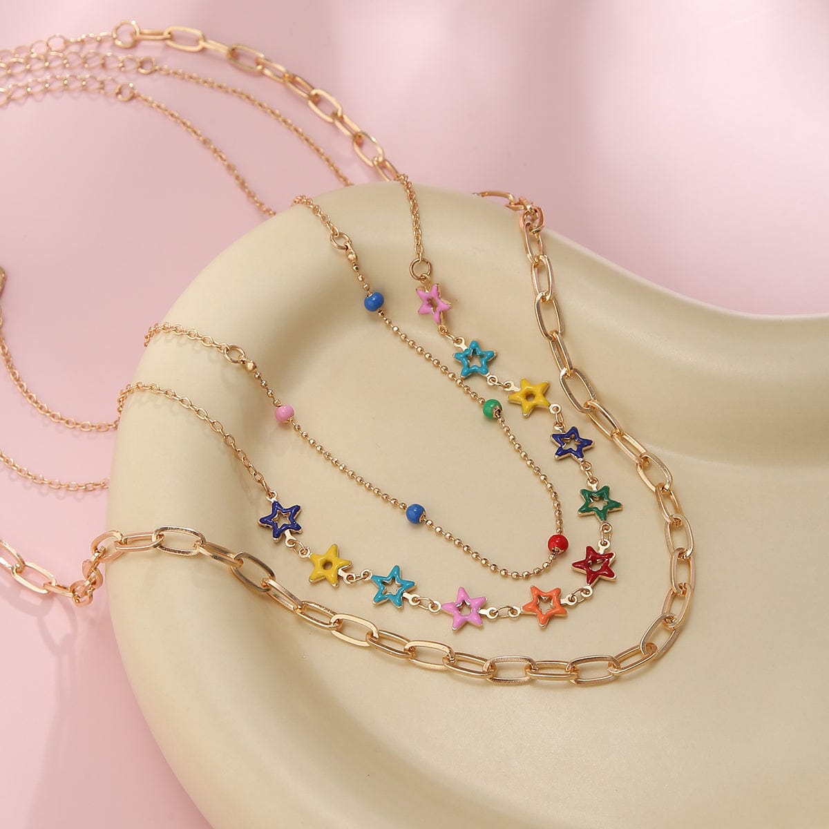 Chic Layered Colorful Enamel Star Chain Choker Necklace Set - ArtGalleryZen
