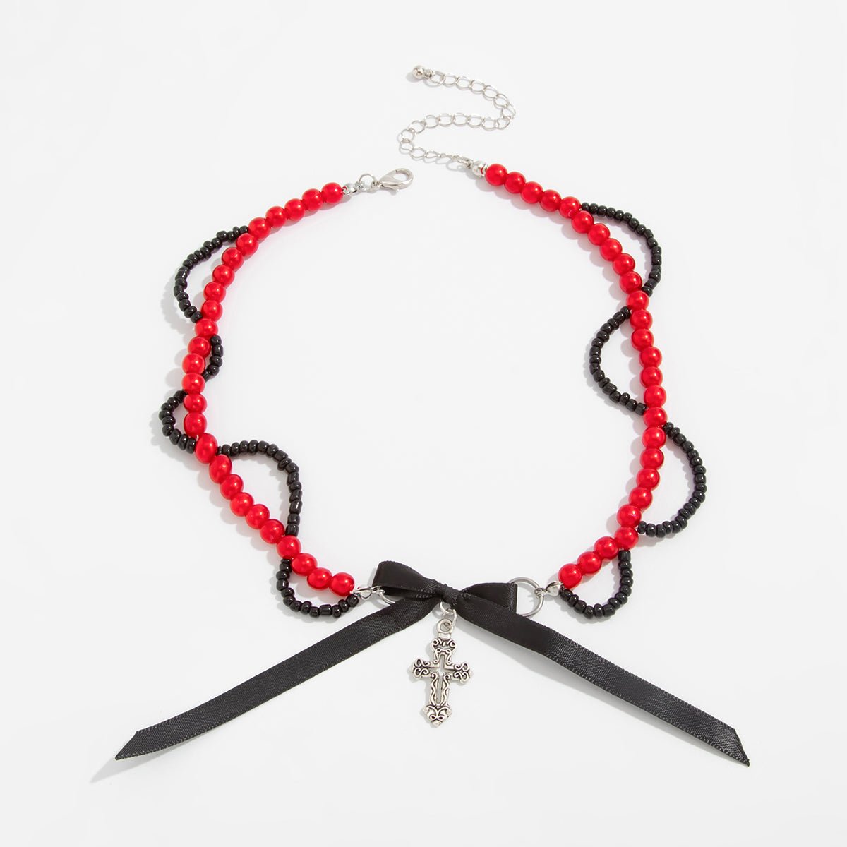 Chic Layered Cross Bowknot Pendant Pearl Seed Beaded Chain Necklace - ArtGalleryZen