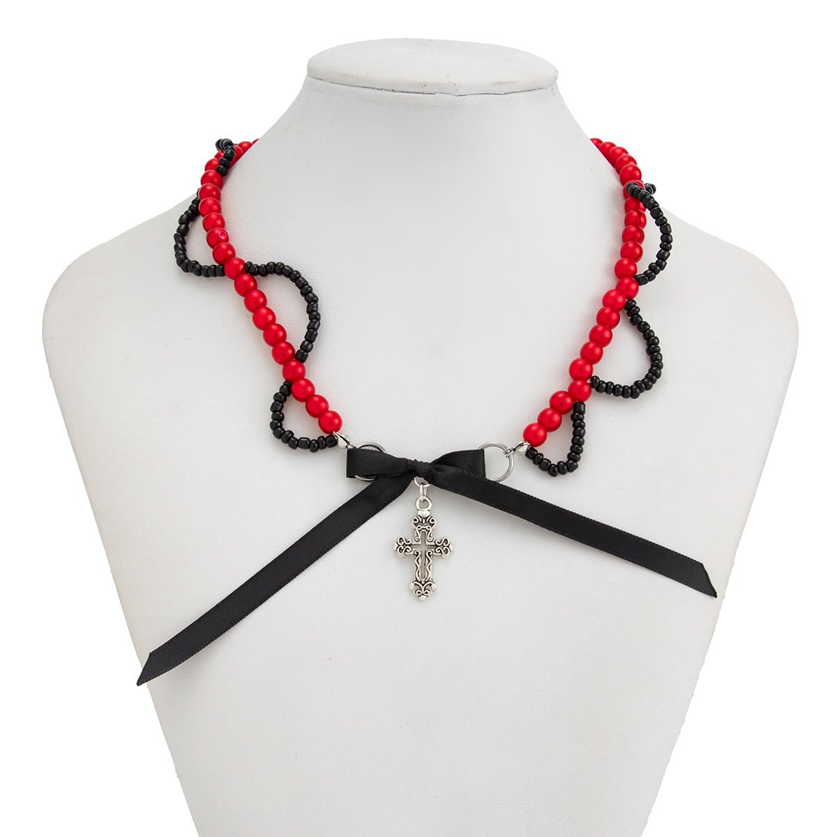 Chic Layered Cross Bowknot Pendant Pearl Seed Beaded Chain Necklace - ArtGalleryZen